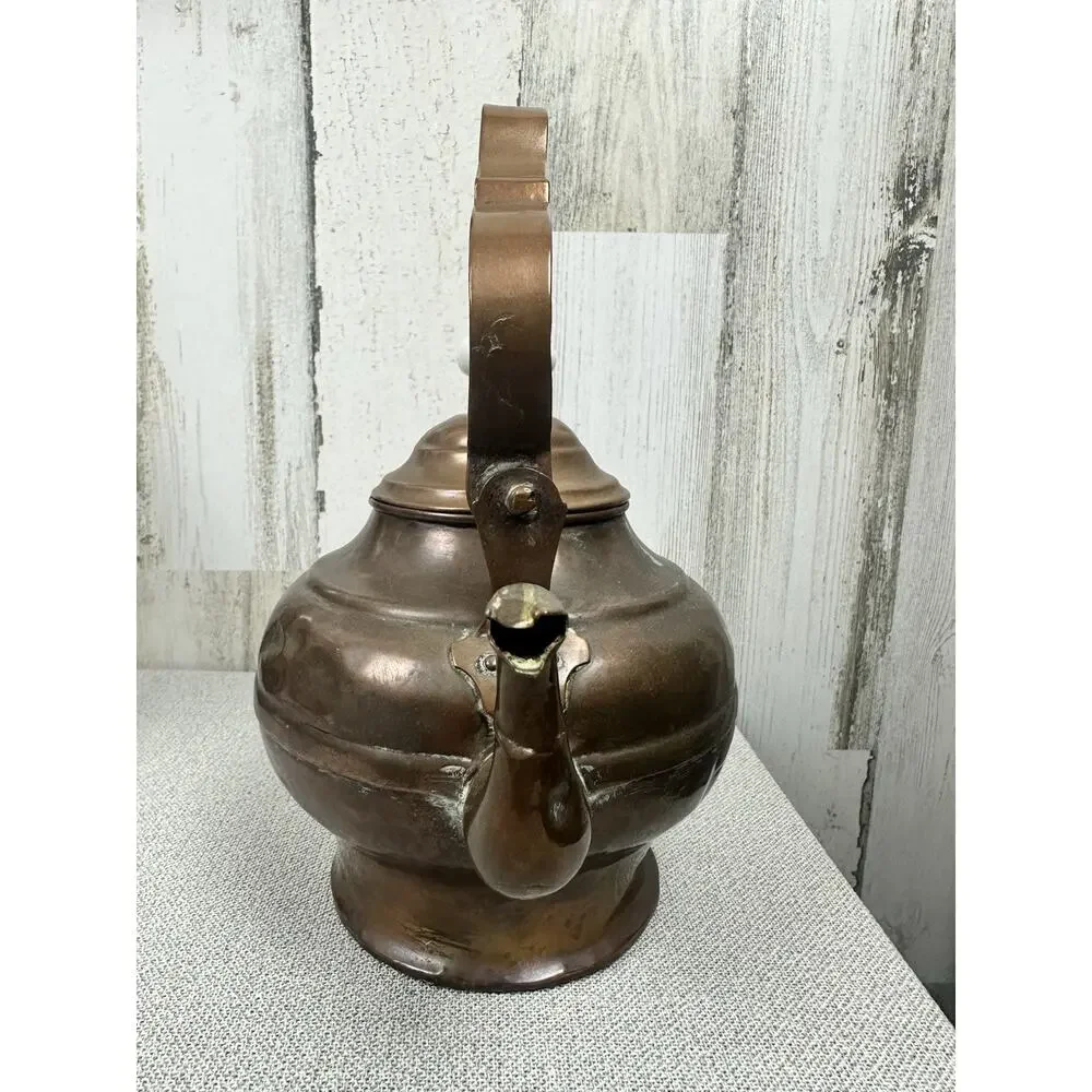 Folk Art‎ COPPER Tea Pot Kettle Patina Vintage Hand Made Porcelain Knob